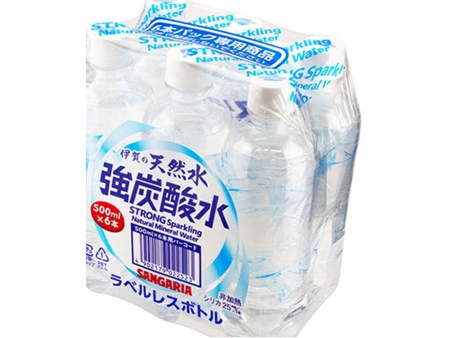 【ケース販売】サンガリア伊賀の強炭酸水Ｐ５００×６本ラベルレス ×4 【全国送料無料】(一部地域別途)・まとめ買い・防災備蓄にも最適の画像