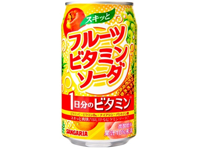【ケース販売】サンガリア スキッとフルーツビタミンソーダ缶３５０ ×24 【全国送料無料】(一部地域別途)・まとめ買い・防災備蓄にも最適の画像