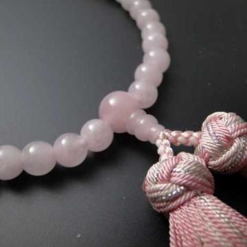 女性用略式数珠 総ローズクオーツ7ｍｍ玉、花かがり房 s画像