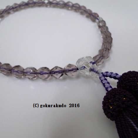 数珠 女性用 紫カットガラス（親・２天は透明） 正絹頭付き房（濃い紫+藤色）画像