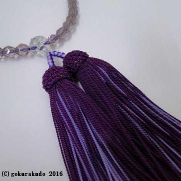 数珠 女性用 紫カットガラス（親・２天は透明） 正絹頭付き房（濃い紫+藤色）画像