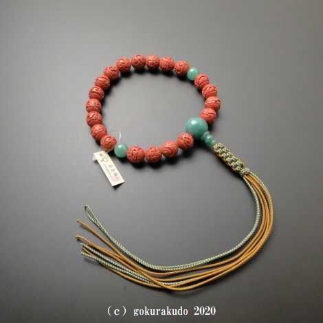 数珠 男性用 堆朱(ついしゅ) 主玉(おもだま)20入、(親・２天・ボサ) 翡翠入り 正絹紐房の画像