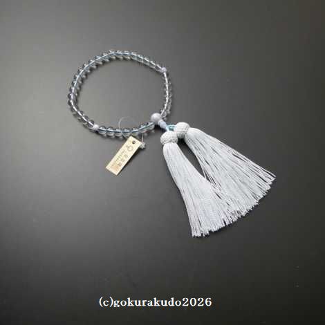 数珠 女性用 主玉透明水晶7mm、(親・２天・ボサ)カルセドニー入り 正絹頭付房（水色）の画像