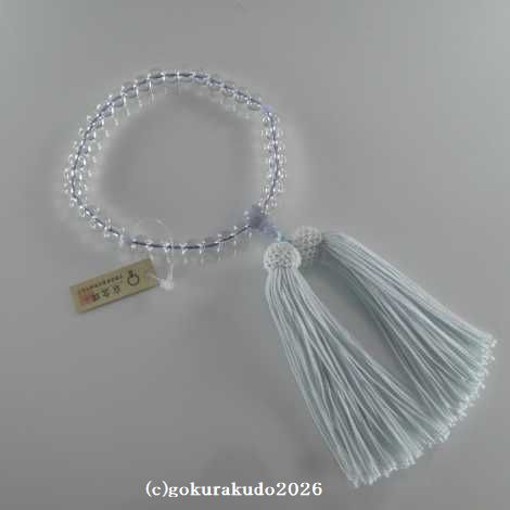 数珠 女性用 主玉透明水晶7mm、(親・２天・ボサ)カルセドニー入り 正絹頭付房（水色）の画像