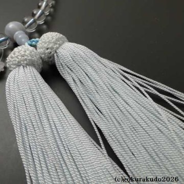数珠 女性用 主玉透明水晶7mm、(親・２天・ボサ)カルセドニー入り 正絹頭付房（水色）の画像