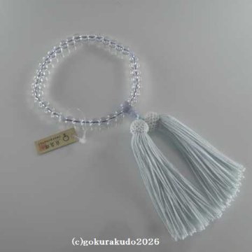 数珠 女性用 主玉透明水晶7mm、(親・２天・ボサ)カルセドニー入り 正絹頭付房（水色）の画像
