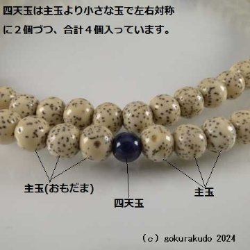 数珠 真言宗 主玉は星月菩提樹、（親・４天・つゆ）にソーダライト入、 尺、 鉄色利休房画像