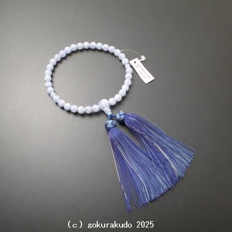 女性用略式数珠 総ブルーレース（カルセドニー） 主玉8ｍｍ 正絹花かがり房-鉄Cの画像