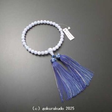 女性用略式数珠 総ブルーレース（カルセドニー） 主玉8ｍｍ 正絹花かがり房-鉄Cの画像