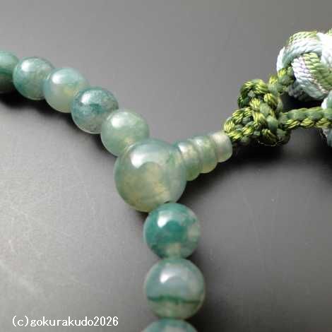 数珠 女性用 総青苔瑪瑙(メノウ)主玉7mm 正絹花かがり房（透明感高いタイプ）の画像