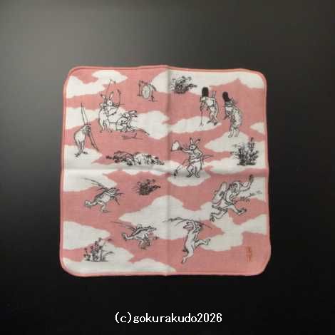 ガーゼタオルハンカチ 鳥獣人物戯画（猿追い）ピンクの画像