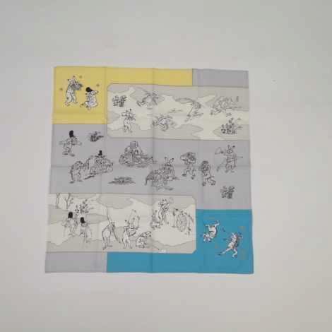 鳥獣人物戯画風呂敷〔50×50cm〕絵巻ブルーイエロー 綿100％（日本製）の画像