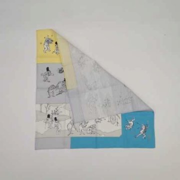 鳥獣人物戯画風呂敷〔50×50cm〕絵巻ブルーイエロー 綿100％（日本製）の画像