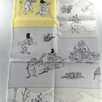 鳥獣人物戯画風呂敷〔50×50cm〕絵巻ブルーイエロー 綿100％（日本製）の画像