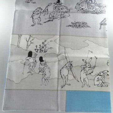 鳥獣人物戯画風呂敷〔50×50cm〕絵巻ブルーイエロー 綿100％（日本製）の画像