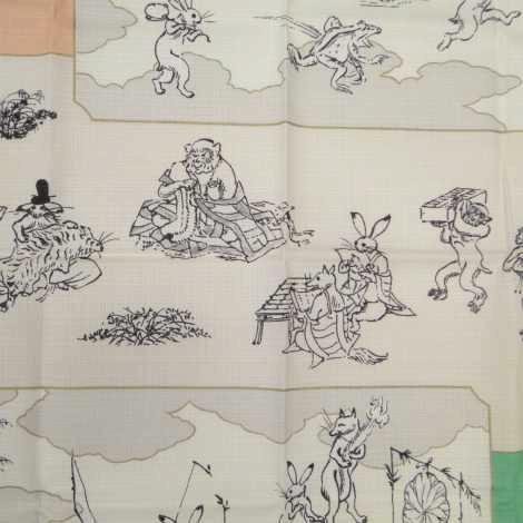 鳥獣人物戯画風呂敷〔50×50cm〕絵巻グリーンピンク 綿100％（日本製）の画像