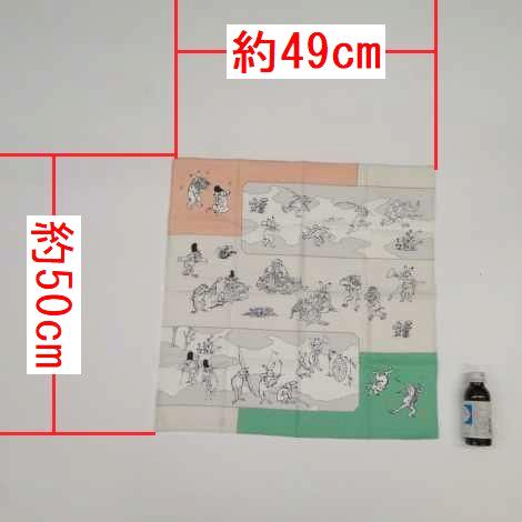 鳥獣人物戯画風呂敷〔50×50cm〕絵巻グリーンピンク 綿100％（日本製）の画像