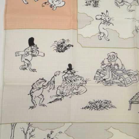 鳥獣人物戯画風呂敷〔50×50cm〕絵巻グリーンピンク 綿100％（日本製）の画像