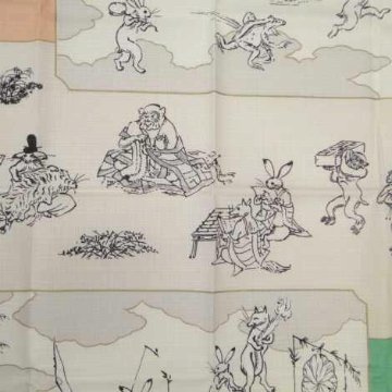 鳥獣人物戯画風呂敷〔50×50cm〕絵巻グリーンピンク 綿100％（日本製）の画像
