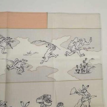 鳥獣人物戯画風呂敷〔50×50cm〕絵巻グリーンピンク 綿100％（日本製）の画像