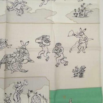 鳥獣人物戯画風呂敷〔50×50cm〕絵巻グリーンピンク 綿100％（日本製）の画像