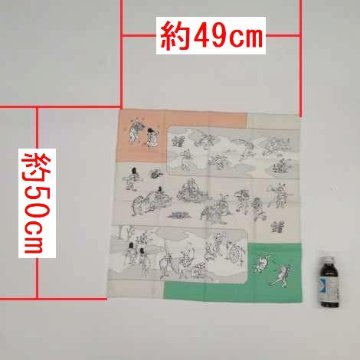 鳥獣人物戯画風呂敷〔50×50cm〕絵巻グリーンピンク 綿100％（日本製）の画像