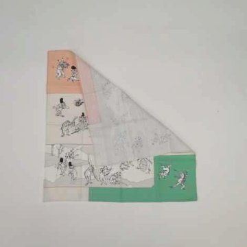 鳥獣人物戯画風呂敷〔50×50cm〕絵巻グリーンピンク 綿100％（日本製）の画像
