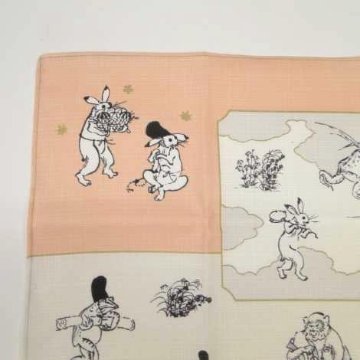 鳥獣人物戯画風呂敷〔50×50cm〕絵巻グリーンピンク 綿100％（日本製）の画像