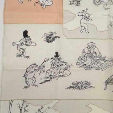 鳥獣人物戯画風呂敷〔50×50cm〕絵巻グリーンピンク 綿100％（日本製）の画像