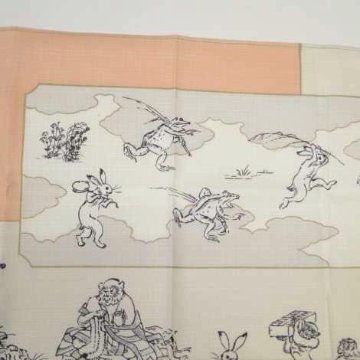 鳥獣人物戯画風呂敷〔50×50cm〕絵巻グリーンピンク 綿100％（日本製）の画像