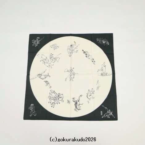 鳥獣人物戯画風呂敷〔68×68cm〕相撲 丸窓 モスグリーン 綿100％（日本製）の画像