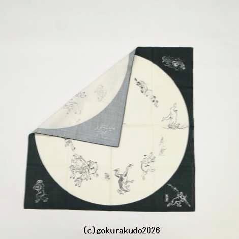 鳥獣人物戯画風呂敷〔68×68cm〕相撲 丸窓 モスグリーン 綿100％（日本製）の画像