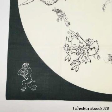 鳥獣人物戯画風呂敷〔68×68cm〕相撲 丸窓 モスグリーン 綿100％（日本製）の画像