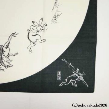 鳥獣人物戯画風呂敷〔68×68cm〕相撲 丸窓 モスグリーン 綿100％（日本製）の画像