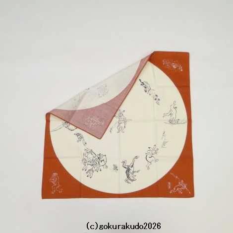 鳥獣人物戯画風呂敷〔68×68cm〕相撲 丸窓 アカ 綿100％（日本製）の画像