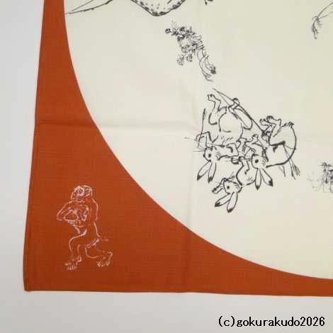 鳥獣人物戯画風呂敷〔68×68cm〕相撲 丸窓 アカ 綿100％（日本製）の画像