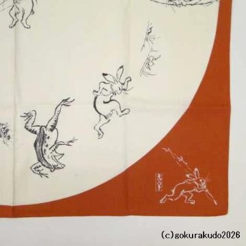 鳥獣人物戯画風呂敷〔68×68cm〕相撲 丸窓 アカ 綿100％（日本製）の画像