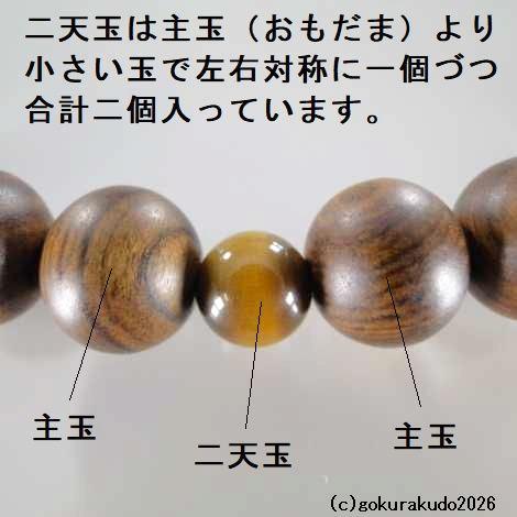 数珠 男性用 主玉(おもだま)栴檀(せんだん)22個入、2天虎目石、利休房(利休色)〔紙箱入り〕の画像