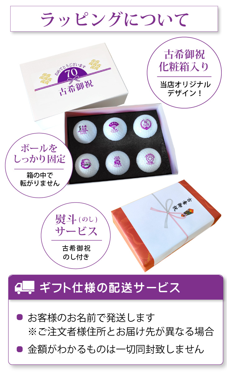 最短即日出荷！名入れゴルフボール 古希デザイン 6球セット(メーカーお任せ公認球) 化粧箱入り ギフトラッピング無料の画像