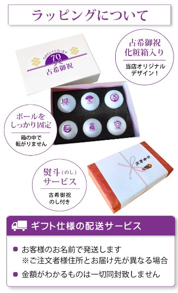 最短即日出荷！名入れゴルフボール 古希デザイン 6球セット(メーカーお任せ公認球) 化粧箱入り ギフトラッピング無料の画像