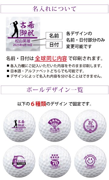 最短即日出荷！名入れゴルフボール 古希デザイン 6球セット(メーカーお任せ公認球) 化粧箱入り ギフトラッピング無料の画像