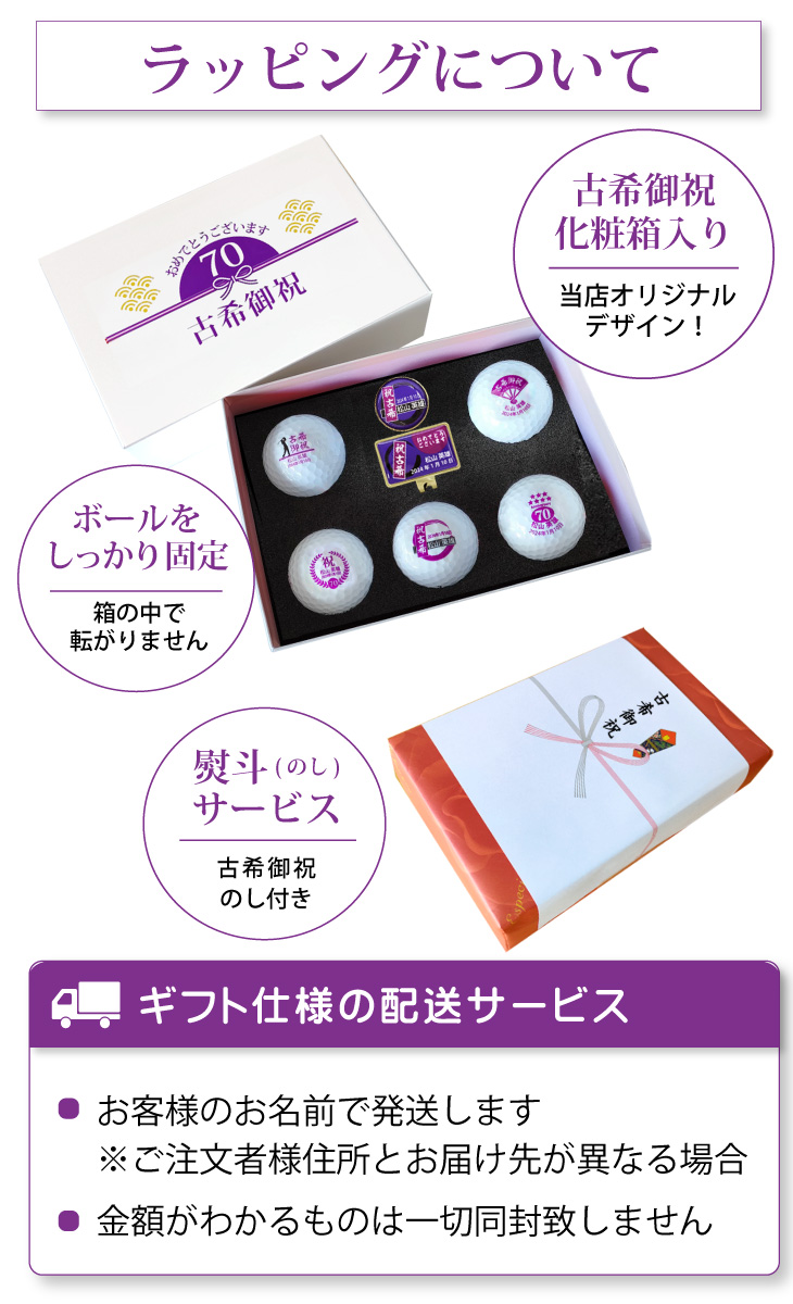 最短即日出荷！名入れゴルフボール 古希祝いデザイン５球＋マーカーセット 70歳 化粧箱入り ギフトラッピング無料の画像