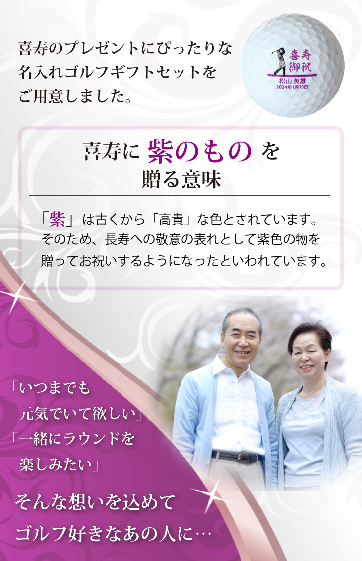 最短即日出荷！名入れゴルフボール 喜寿祝いデザイン５球(メーカーお任せ公認球)＋マーカーセット 77歳 化粧箱入り ギフトラッピング無料の画像
