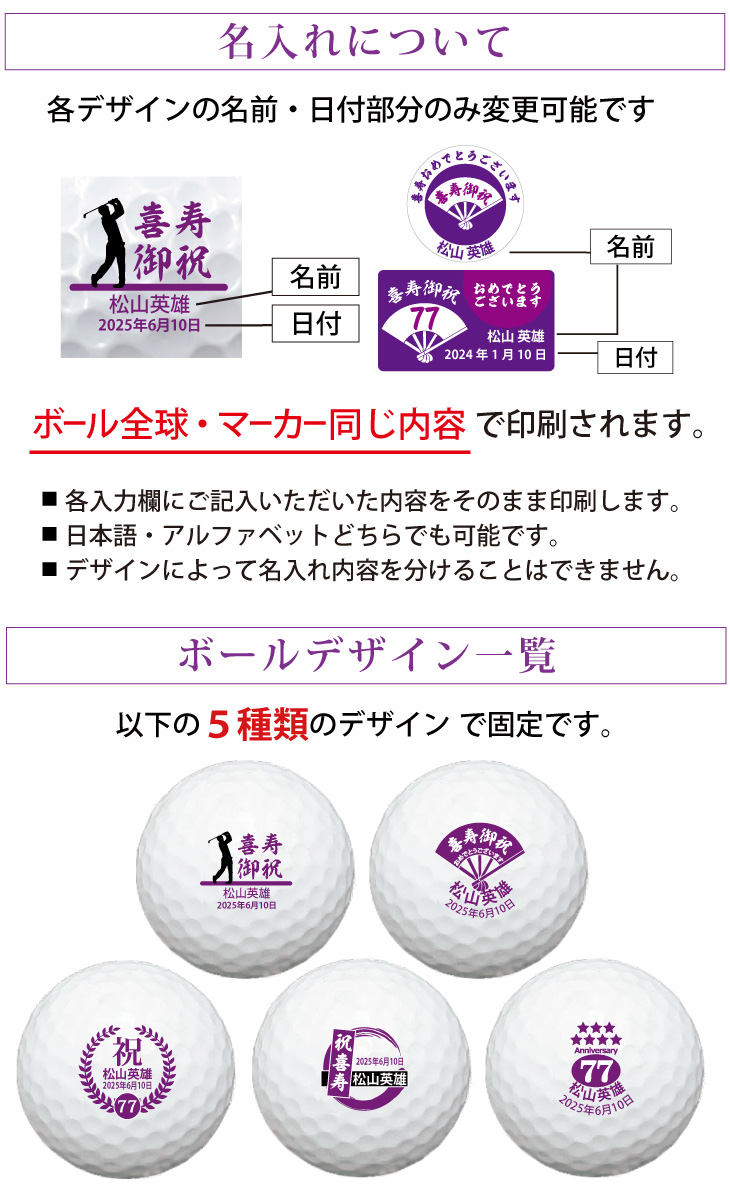 最短即日出荷！名入れゴルフボール 喜寿祝いデザイン５球(メーカーお任せ公認球)＋マーカーセット 77歳 化粧箱入り ギフトラッピング無料の画像
