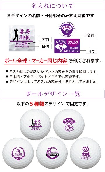 最短即日出荷！名入れゴルフボール 喜寿祝いデザイン５球(メーカーお任せ公認球)＋マーカーセット 77歳 化粧箱入り ギフトラッピング無料の画像