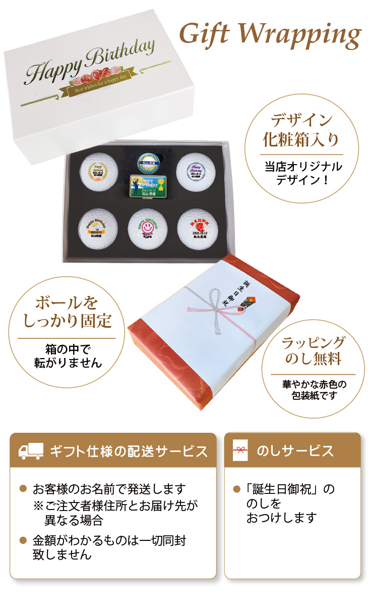 最短即日出荷！ 【ゴルフボール種類・マーカーデザインが選べる】誕生日祝デザイン ５球＋マーカーセット 化粧箱入り ギフトラッピング無料の画像