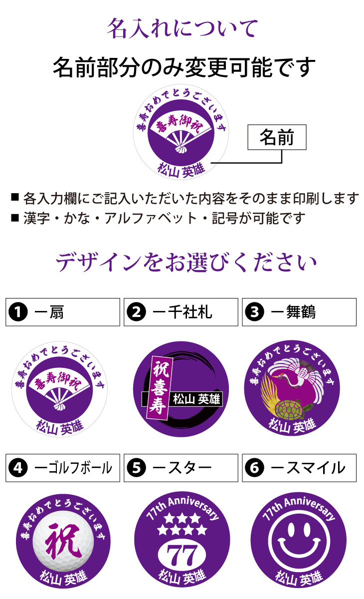 最短即日出荷！喜寿御祝 77歳 名入れゴルフマーカー/磁石の有無が選べる/選べるデザイン/名前入り/ネーム入り/オーダーメイド/プレゼント/ギフトラッピング無料 メール便送料無料の画像