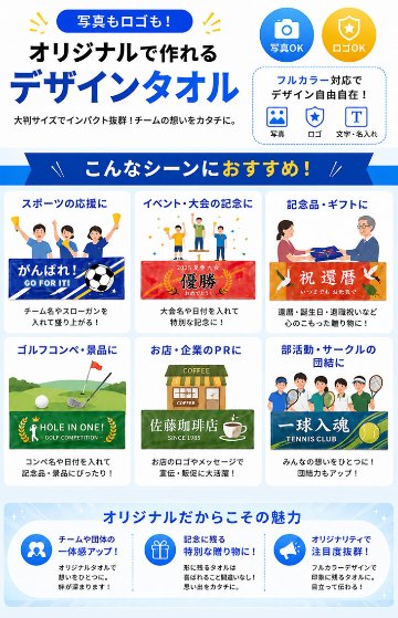 最短即日出荷！名入れタオル 大判フェイスタオル 約34×84cm/応援タオル/写真タオル/チームタオル メール便送料無料の画像