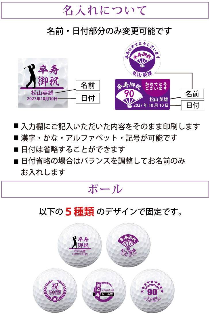最短即日出荷！ 名入れゴルフボール 卒寿(90歳)デザイン 5球＋マーカーセット 白ボール(メーカーお任せ公認球)化粧箱入り ギフトラッピング無料の画像