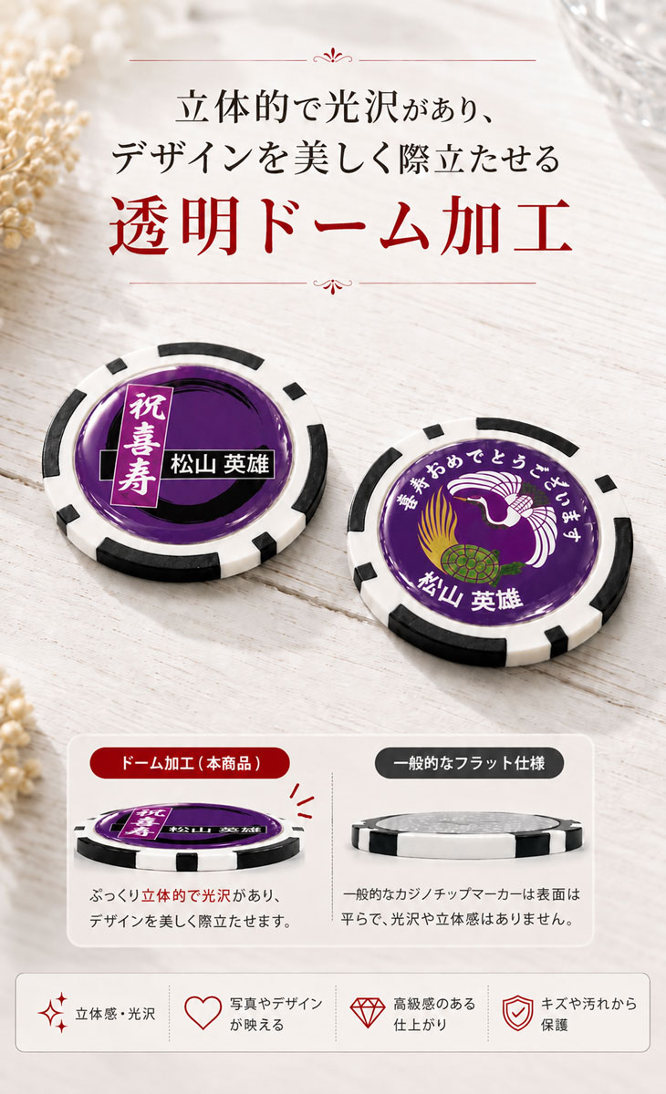 最短即日出荷！喜寿御祝 77歳 名入れゴルフマーカー(カジノチップ)/選べるデザイン/名前入り/ネーム入り/オーダーメイド/プレゼント/ギフトラッピング無料 メール便送料無料の画像